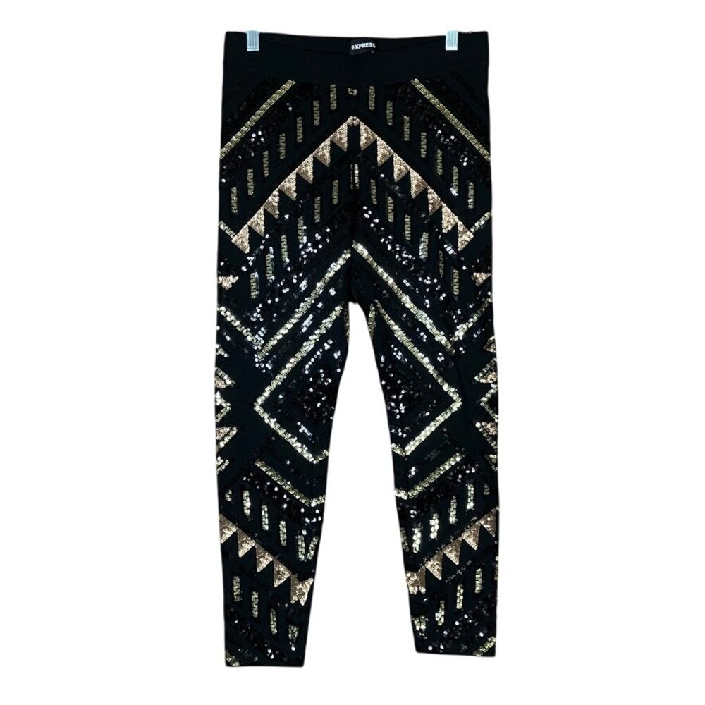 Express Womens Pant Black Gold Sequin High Rise Pull On Legging Stretch PS